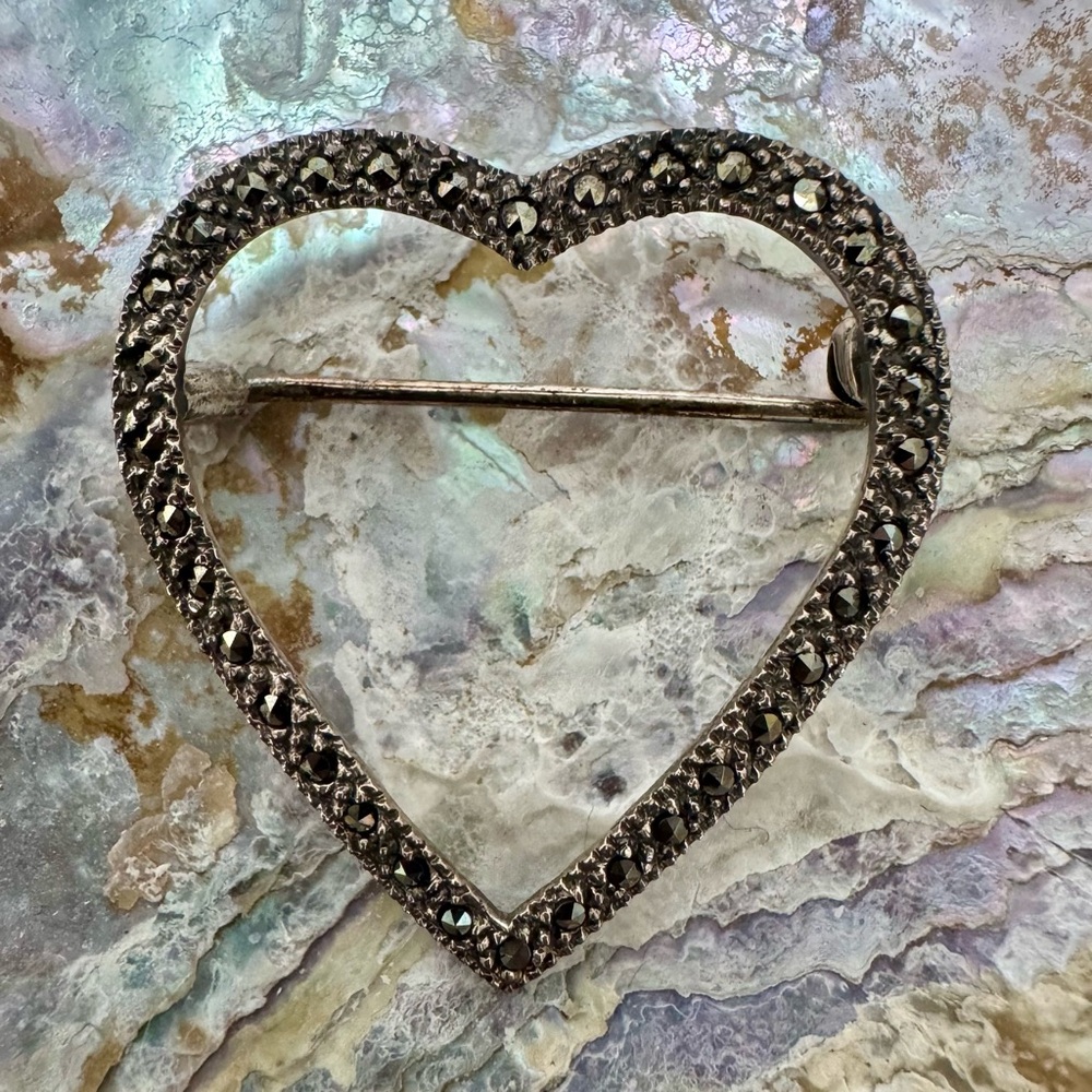 Vintage Sterling 925 Silver Marcasite  Heart Brooch with Lattice Design